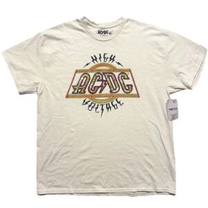NWT AC/DC High Voltage T-Shirt L Cream Graphic Tee Retro Rock Band Distress ACDC